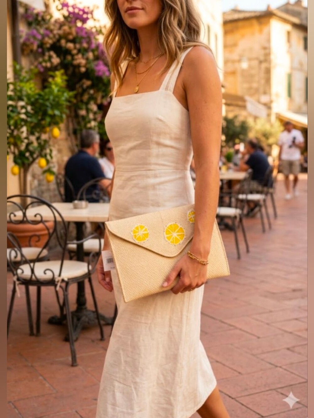 NWT! Colorplay Beige Straw Raffia Envelope Clutch Yellow Lemon Slices
